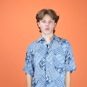 Vintage blue graphic abstract print short sleeve shirt {K385}