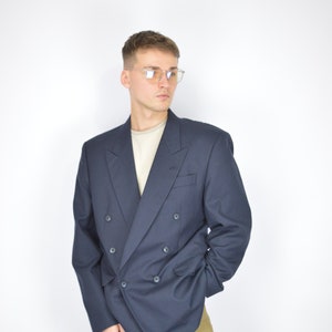 Vintage dark blue classic 80's wool suit blazer 96 image 1