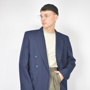 Vintage 80er Jahre Blau Woll Blazer: Herren Retro XL Jacke