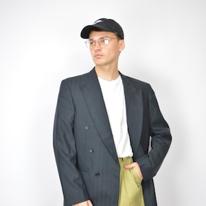 Vintage black striped classic 80&#39;s wool suit blazer {123}