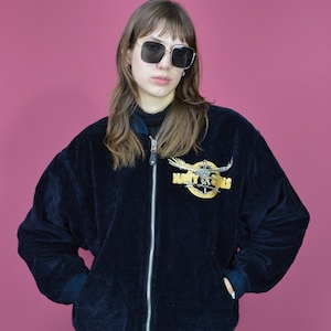 Vintage dark blue classic 80&#39;s velvet biker bomber jacket {W121}