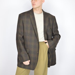Vintage dark brown checkered classic 80&#39;s wool suit blazer {137}