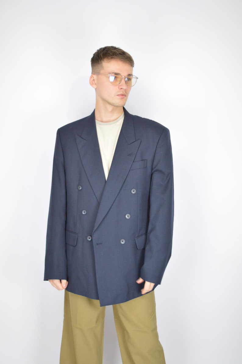 Vintage dark blue classic 80's wool suit blazer 96 image 4