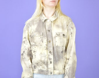 Chaqueta vaquera bomber con estampado gráfico vintage: Chaqueta vaquera retro de algodón (talla S/M)