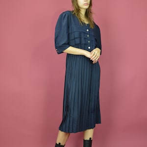 Vintage Dark Blue Classic 80&#39;s Midi Dress | Size S/M | Retro 80s Fashion | Elegant Midi Dress | Vintage Summer Dress {W104}