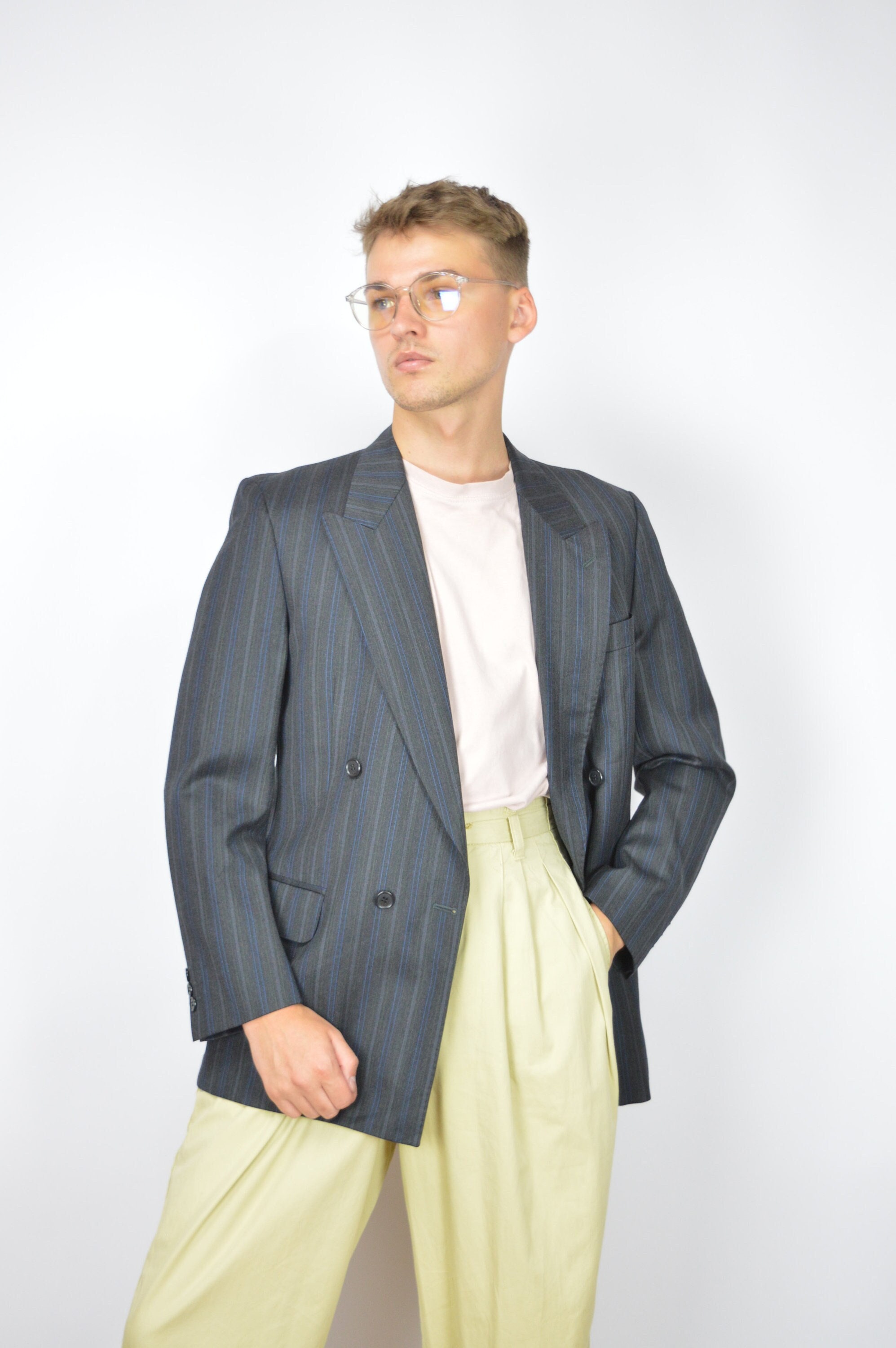 【2plan】Ovening Stripe Wool Blazer Men's Vintage Wool Blend Blazer 2 Button Casual Pinstripe
