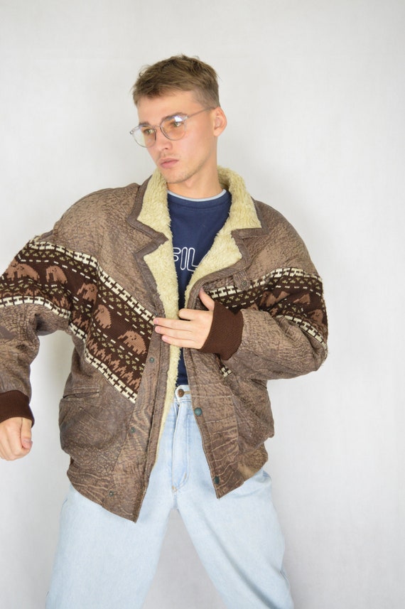 Vintage brown retro 80's graphic leather bomber ja