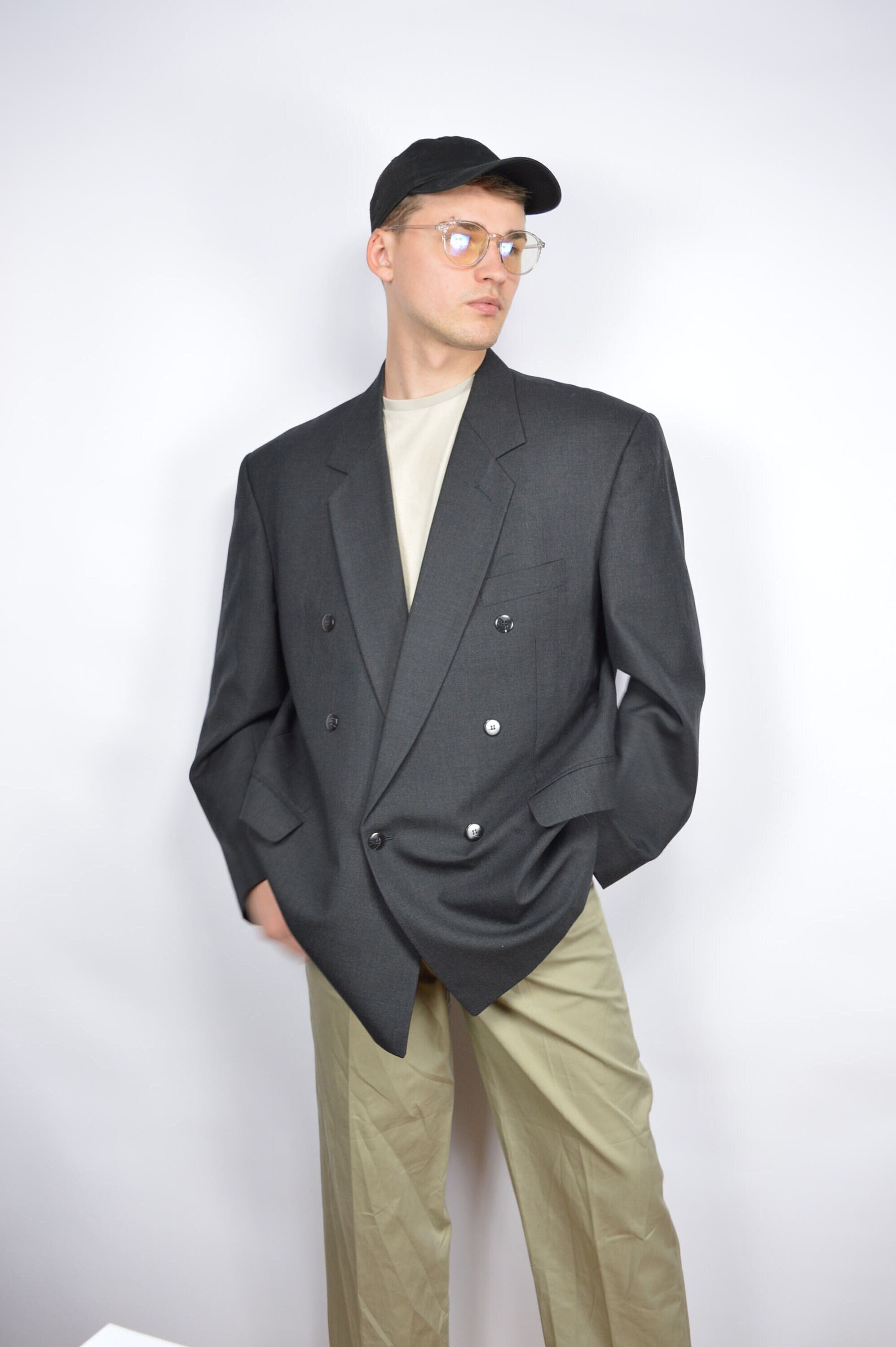 スーツ 90s 00s vintage wool double set up grey Vintage 80's - 90's -hugo Boss- Men's Double Breasted Suit