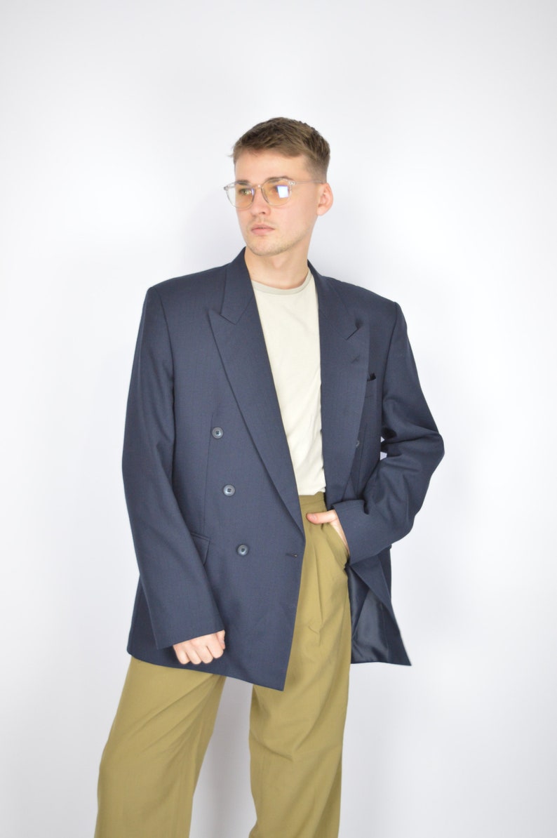 Vintage dark blue classic 80's wool suit blazer 96 image 2