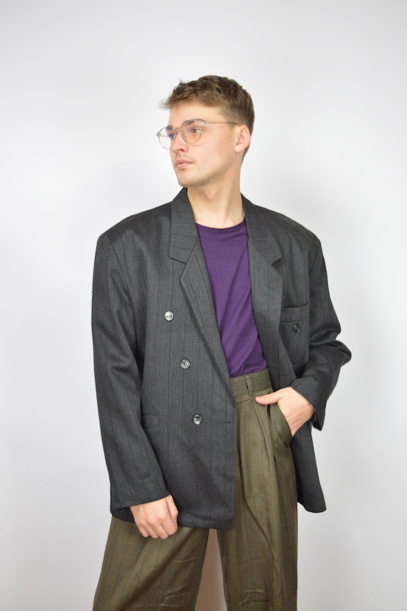 80's ヴィンテージ ストライプ ウールジャケット Vintage Dark Grey Striped Classic 80's Wool Suit Blazer {236