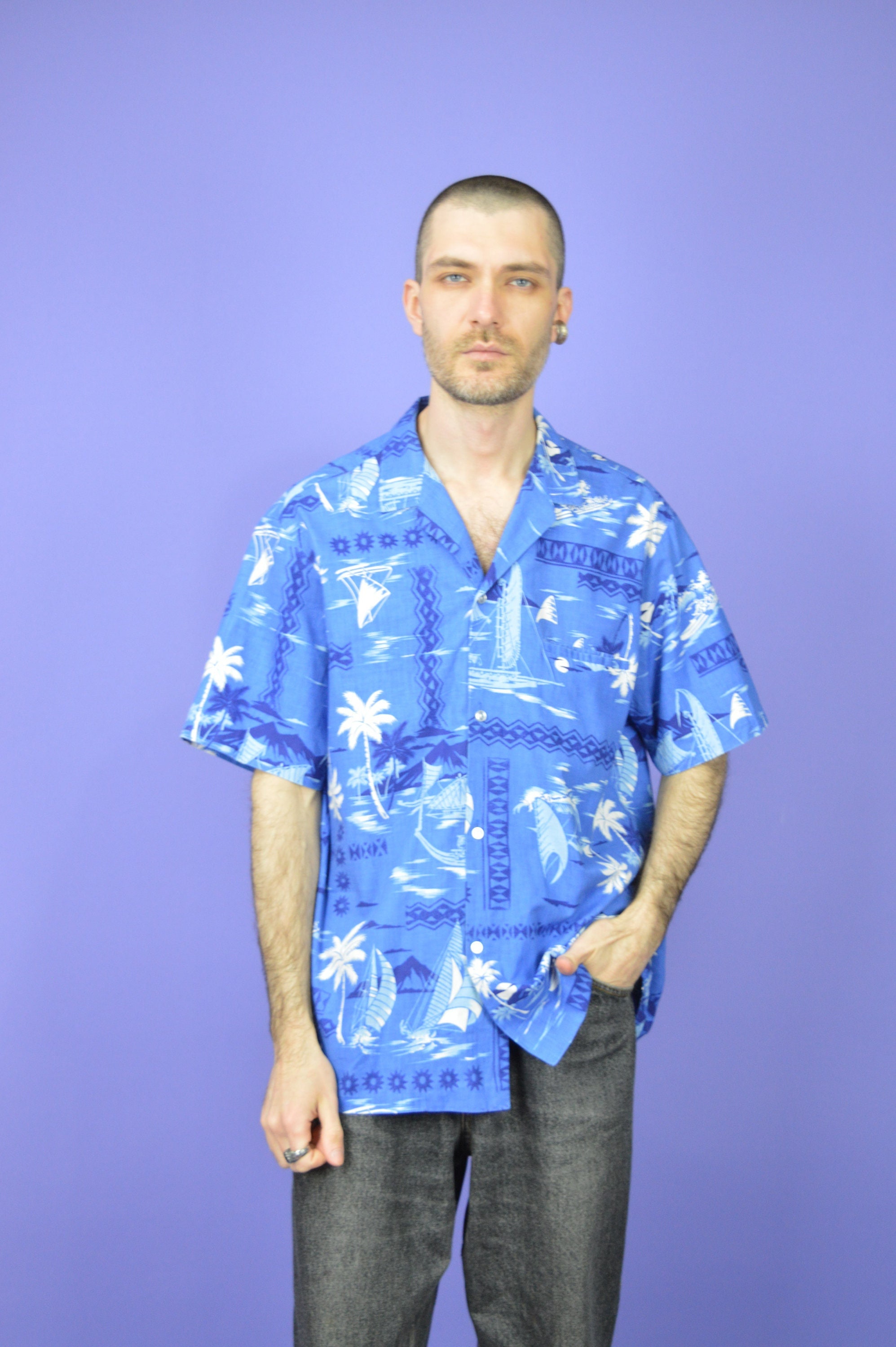 Vintage Blue Hawaiian Print Short Sleeve Shirt {K373} - Etsy Canada