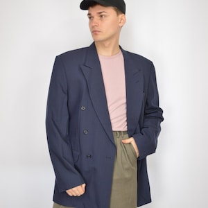 Vintage 80&#39;s Dark Blue Wool Suit Blazer | Classic XXL Retro Men’s Jacket | Stylish Vintage Blazer for Formal & Casual Wear {129}
