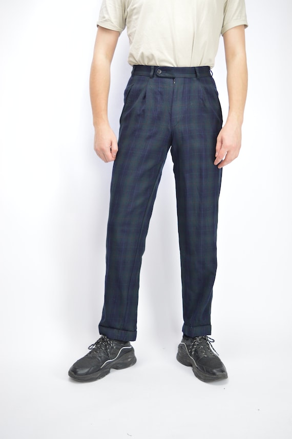 blue pattern shirt dress Napolean Blue Hunting Plaid Wool Pants – StudioSuits main image 1