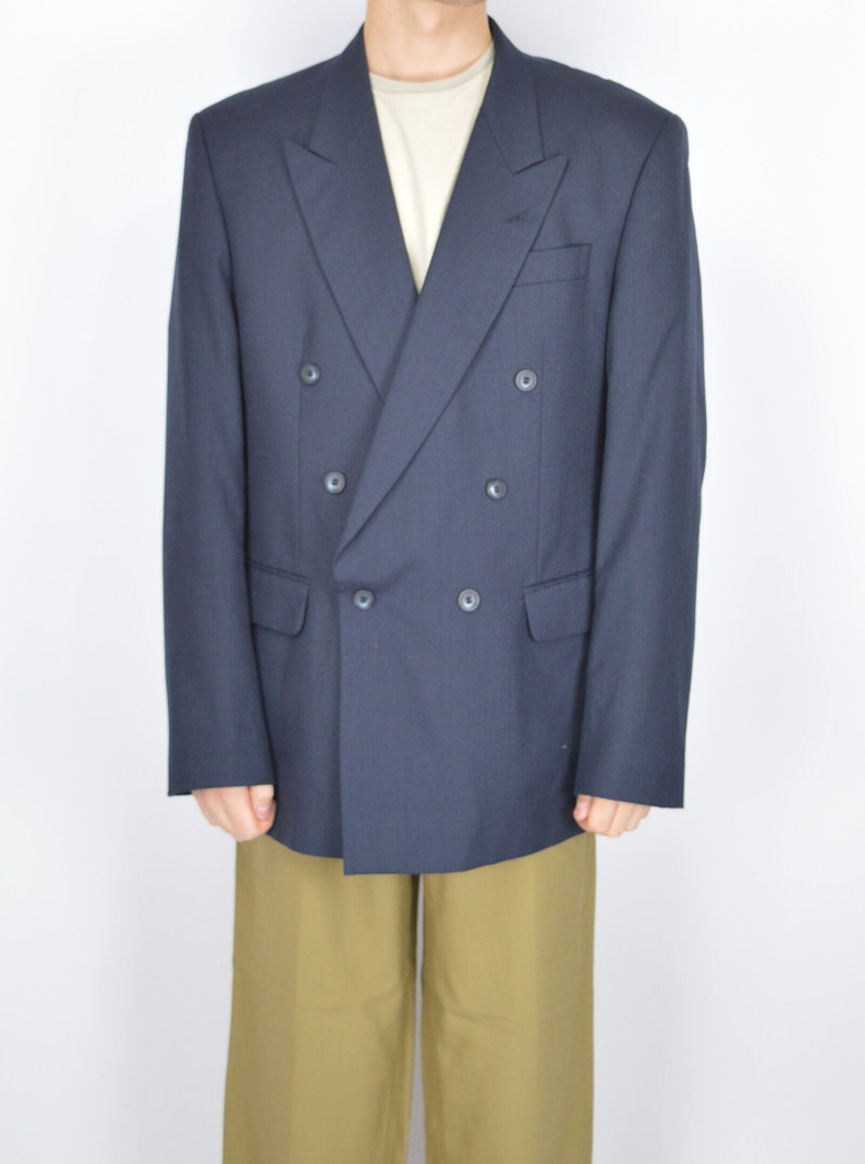 Vintage dark blue classic 80's wool suit blazer 96 image 5