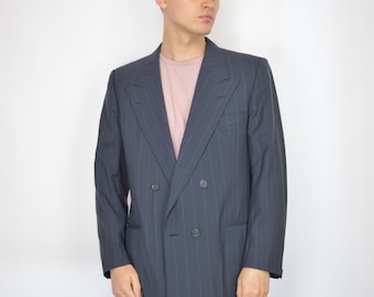 Vintage 80er Jahre Gestreifter Woll Blazer: Klassisches dunkelblaues Sakko (XL)