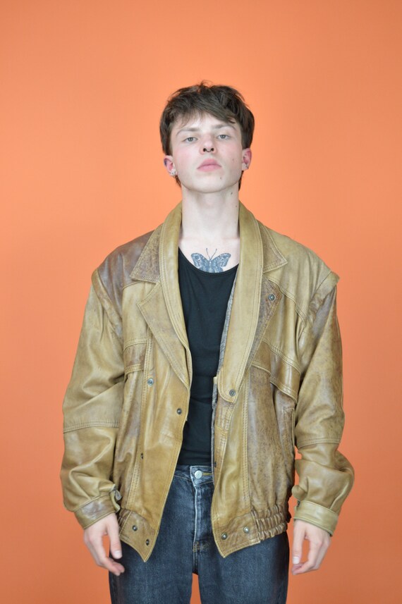 Vintage Light Brown Classic 80's Leather Bomber Jacket