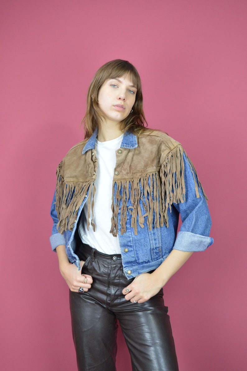 Vintage blue cowboy 80's denim jacket for women W65 image 4