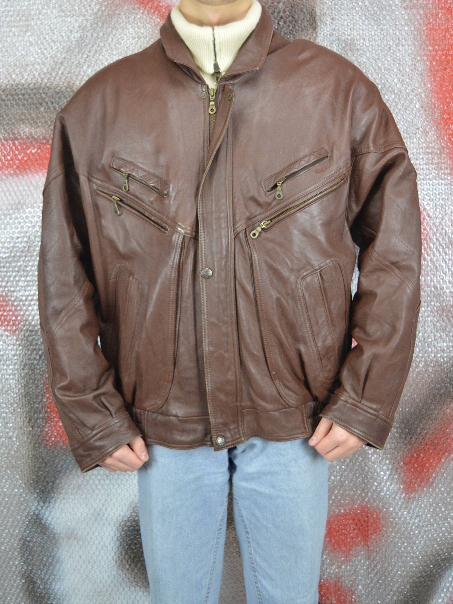 Chaqueta bomber de cuero vintage marrón clásico de los años 80 Etsy