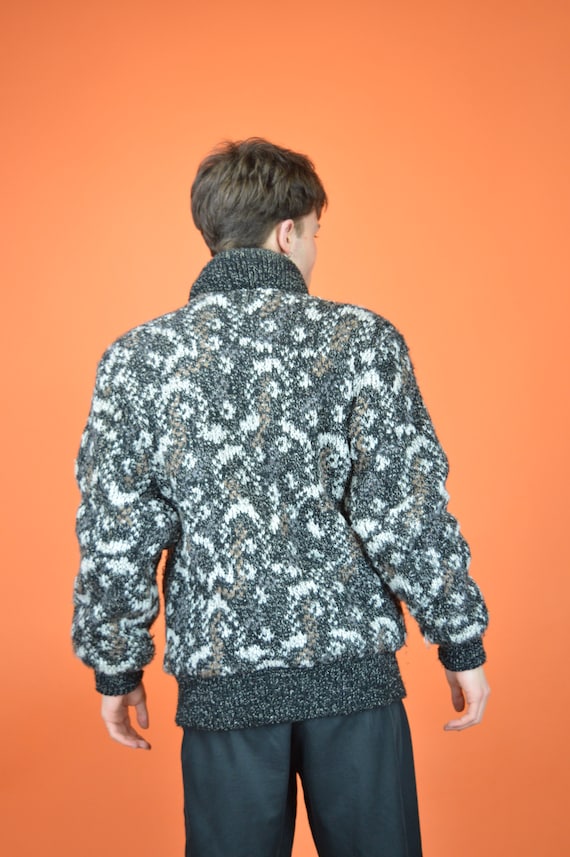 Vintage grey classic graphic knitted 80's bomber … - image 3