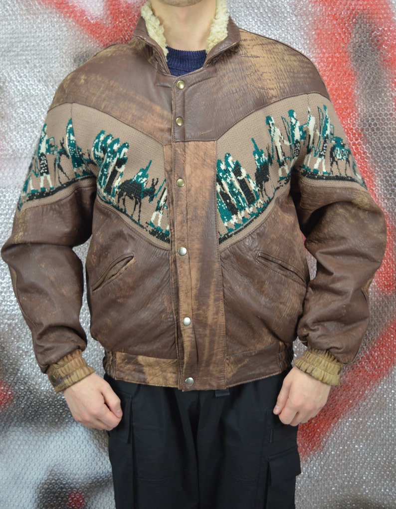Vintage brown retro 80/'s graphic leather bomber jacket