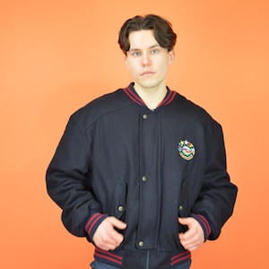 Vintage dunkelblaue klassische Bomberjacke aus Wolle {J78}