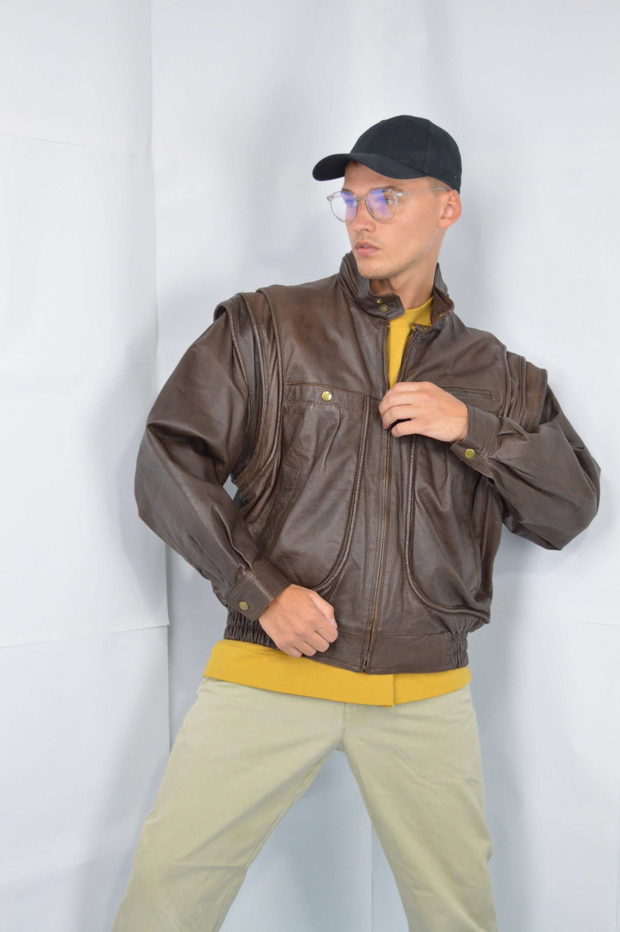 Chaqueta bomber de cuero vintage brown classic de los años 80 Etsy