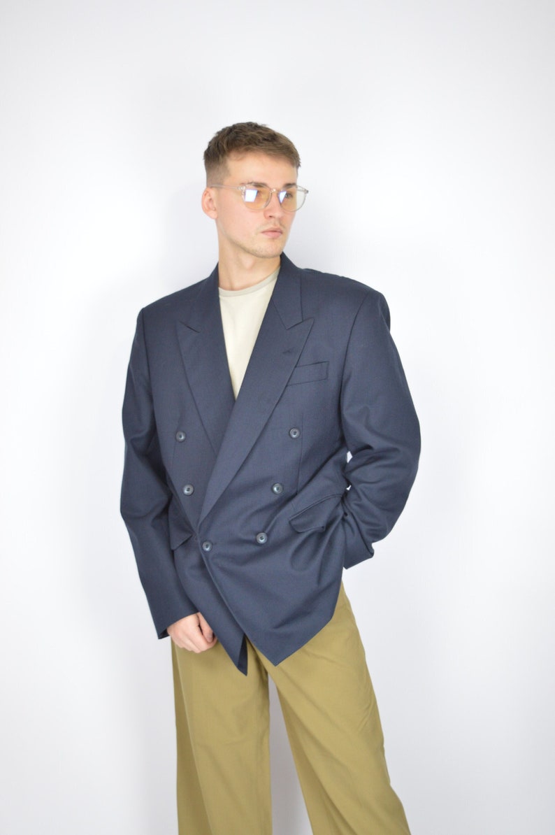 Vintage dark blue classic 80's wool suit blazer 96 image 1