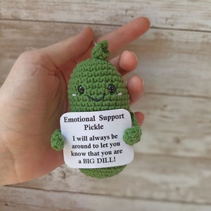 Op de afbeelding: Een groen gehaakt augurk speelgoed dat een bord vasthoudt met de tekst "Emotional Support Pickle. I will always be around to let you know that you are a BIG DILL!"