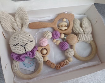 Crochet Bunny Rattle / Personalized Dummy Holder / Pacifier Clip / Newborn Hamper Gift / Babyshower