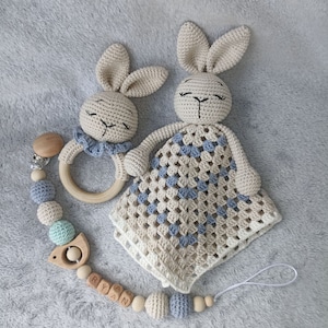 Douillette pour nouveau-né lapin/hochet lapin/attache-suce personnalisée/carte de voeux/coton et bois