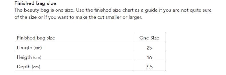 Puede incluir: Tabla de tallas para un neceser, con dimensiones en cent&iacute;metros. La longitud es de 25 cm, la altura es de 16 cm y la profundidad es de 7,5 cm. El texto indica que la bolsa es de talla &uacute;nica.