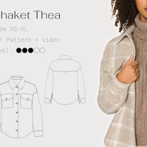 Może przedstawiać: Liniowy rysunek koszuli z zapięciem na guziki i dwoma kieszeniami. Koszula jest oznaczona jako "Shaket Thea" i ma zakres rozmiarów od XS do XL. Tekst "PDF Pattern + video" jest również zawarty. Poziom trudności jest oznaczony czterema czarnymi kółkami i dwoma białymi kółkami.