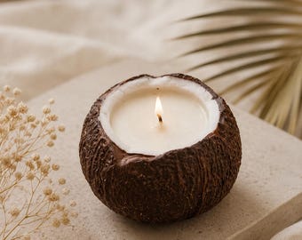 Hand-Cast Gypsum Coconut Shell Candle, Coconut Lime Soy Wax, Realistic Tropical Planter Home Decor