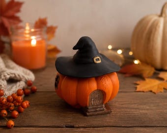Hand-cast Gypsum Pumpkin Witch House Candle | Caramel Crunch Scented Halloween Decor