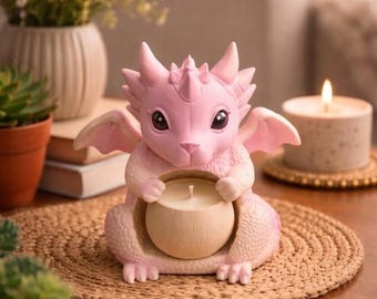 Pink Dragon Tealight Holder, Fantasy Resin Decor, Baby Dragon Figurine, Cozy Glow Candle Accent