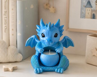 Blue Baby Dragon Candle Holder, Fantasy Resin Decor, Cozy Home Accent