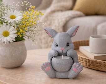 Grey Bunny Candle Holder, Plaster Decor, Easter Spring Nursery Accent