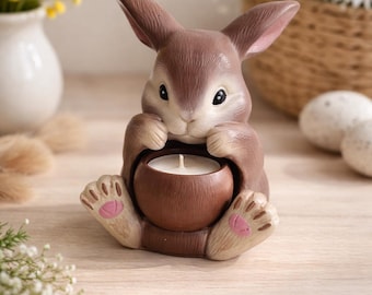 Handmade Plaster Bunny Candle Holder, Rustic Woodland Nursery Decor