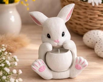 White Bunny Plaster Candle Holder, Minimalist Easter Nursery Decor