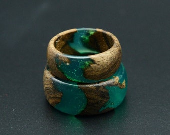 Jade turquoise 2 rings for couple Wooden ring Sea green organic wood resin ring Emerald jewelry Engagement wedding ring gift