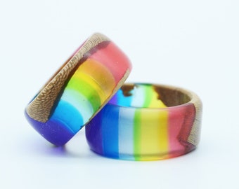 Rainbow LGBT 2 Rings For Couple, Pride Ring For Couple, Wedding Engagement Band Wood and Resin