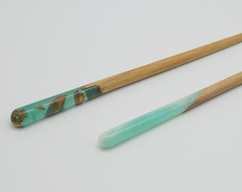 2 Hair Sticks Jade turquoise and blue / Wood Resin Engraved Sticks  for Long Hair