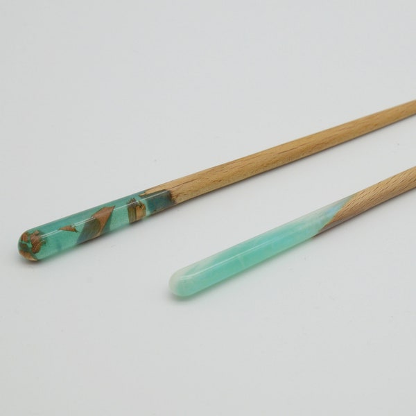 2 Hair Sticks Jade turquoise and blue / Wood Resin Engraved Sticks  for Long Hair