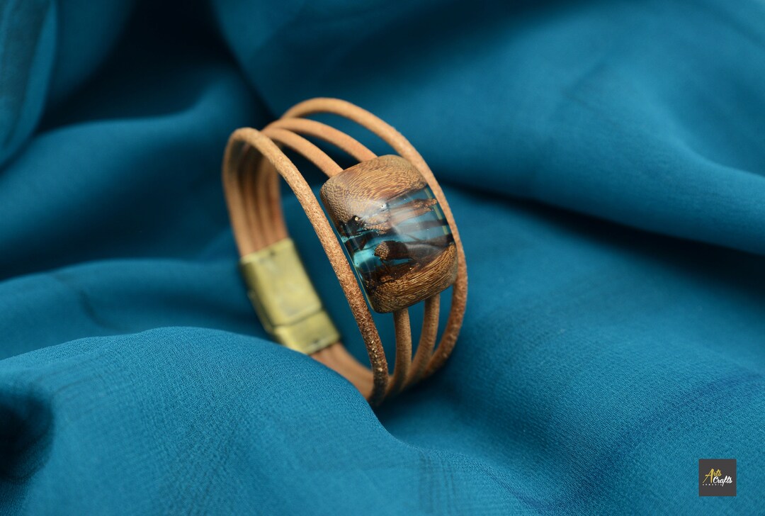 Wooden Bracelet With Leather Light Blue Resin Natural Blue