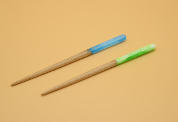 Set of 2 Engraved Hair Sticks, Green and Blue Hair Stick, Wooden Resin Eco  Hair Accessories for Women 