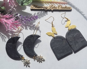 Luna moth polymer clay earrings - mixed media earrings - moon earrings - black and gold earrings