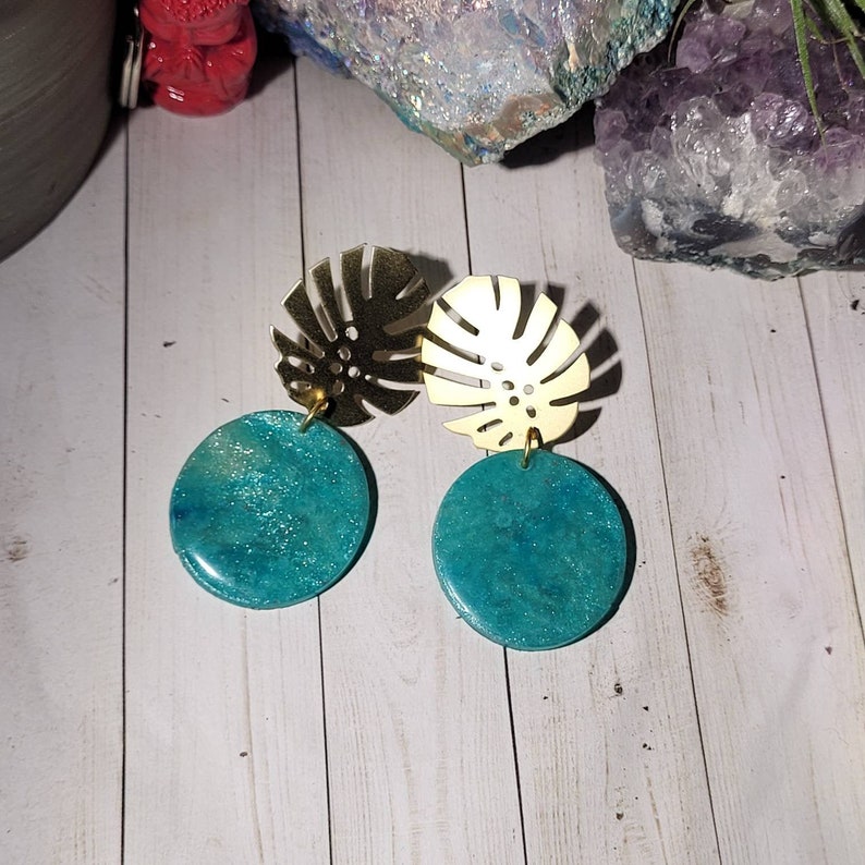 Faux Stone Earrings Mixed Media Earrings Polymer Clay Earrings Monstera