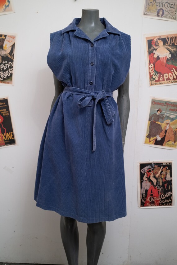 1990s Blue Corduroy Dress with Pockets