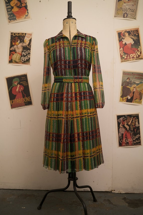 Silk Pleated Vintage Dress Colorful See Through Sl