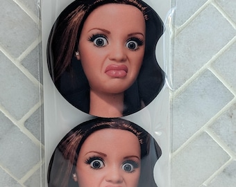 Funny Doll Face Meme Set of 2 Car Coasters, New Car Accessories Driver Gift